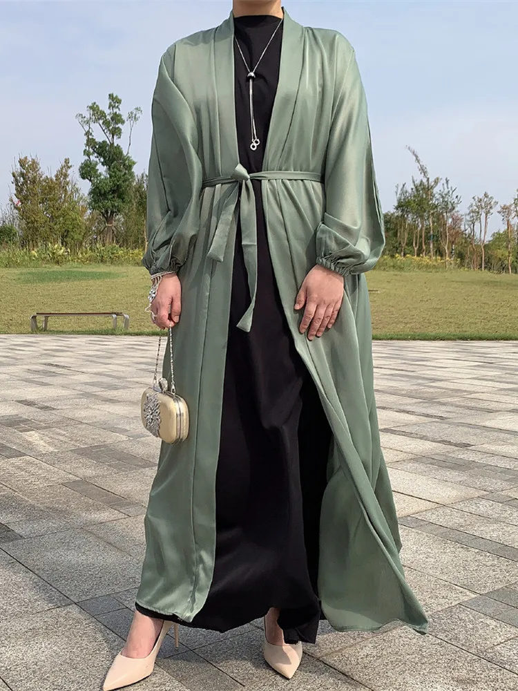 

Ramadan Eid Fashion Kimono Muslim Dress Smooth Silky Elegant Pure Color Long Muslim Abayas Women Modest Wear Clothing Robe