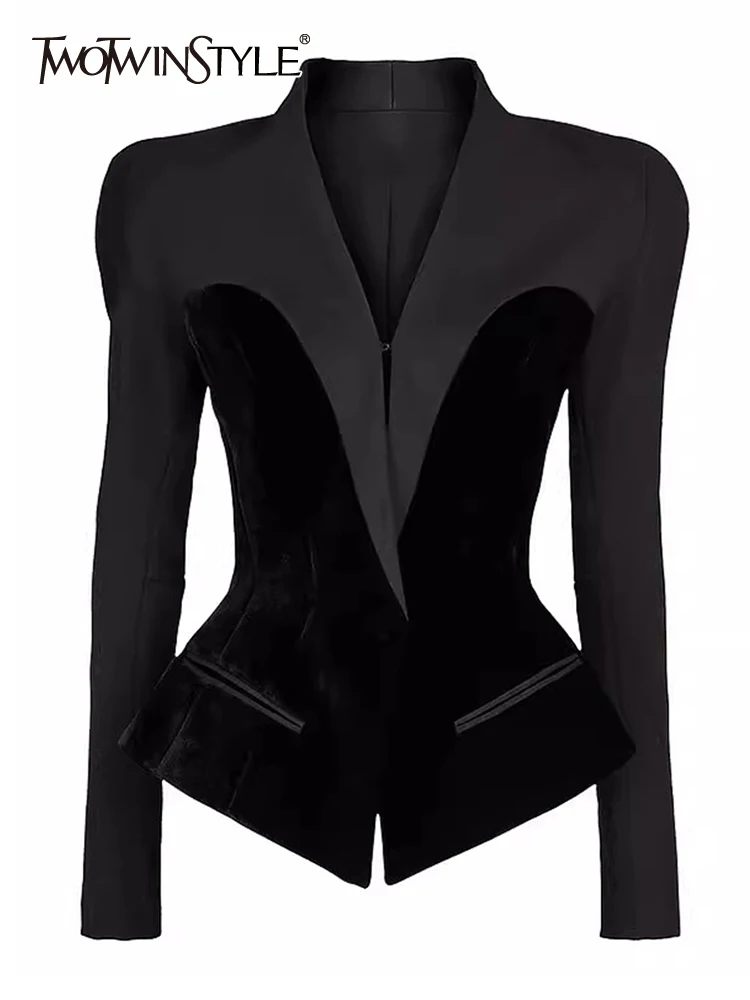 

TWOTWINSTYLE Patchwork Pockets Blazers For Women V Neck Long Sleeve Tunic Slimming Hit Color Blazer Female Fashion Clothing 2023