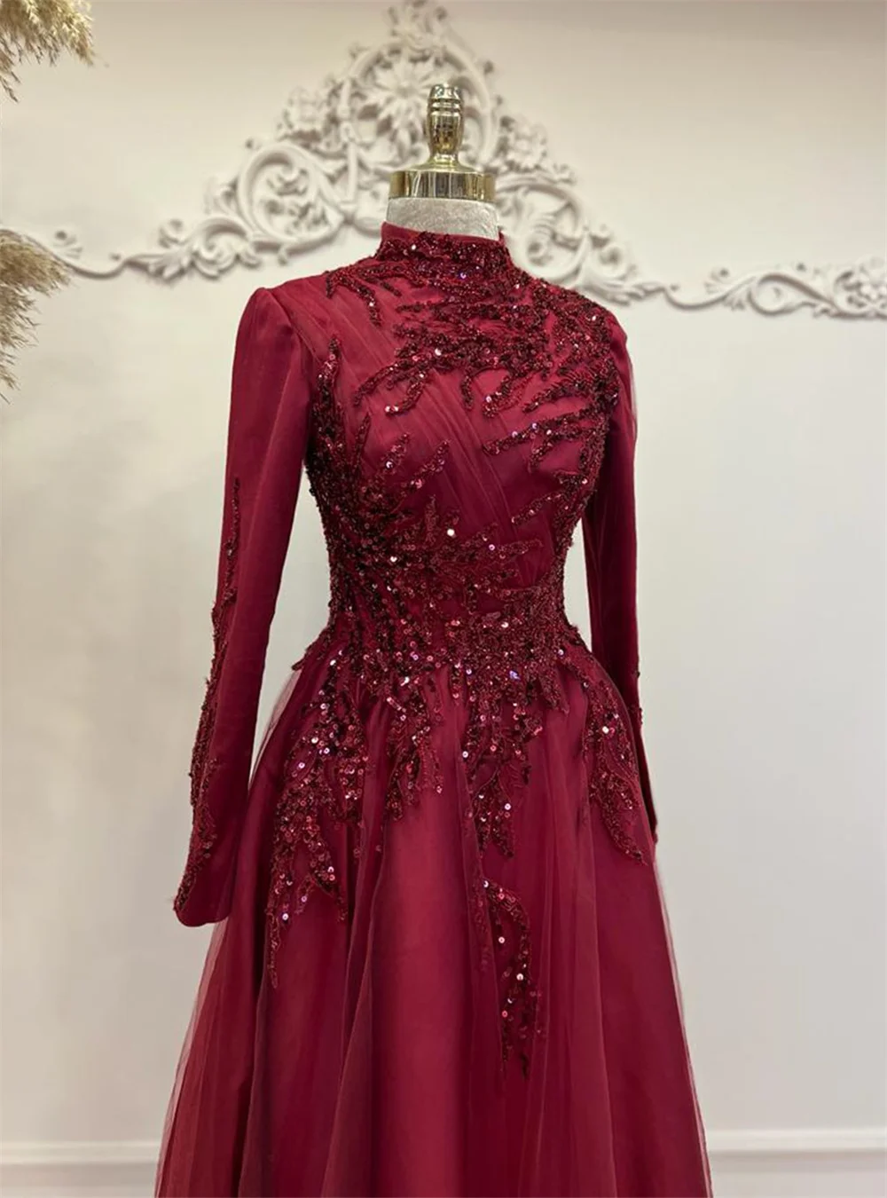 فستان أنيق للحفلات الراقصة برقبة عالية ترتر وأكمام...