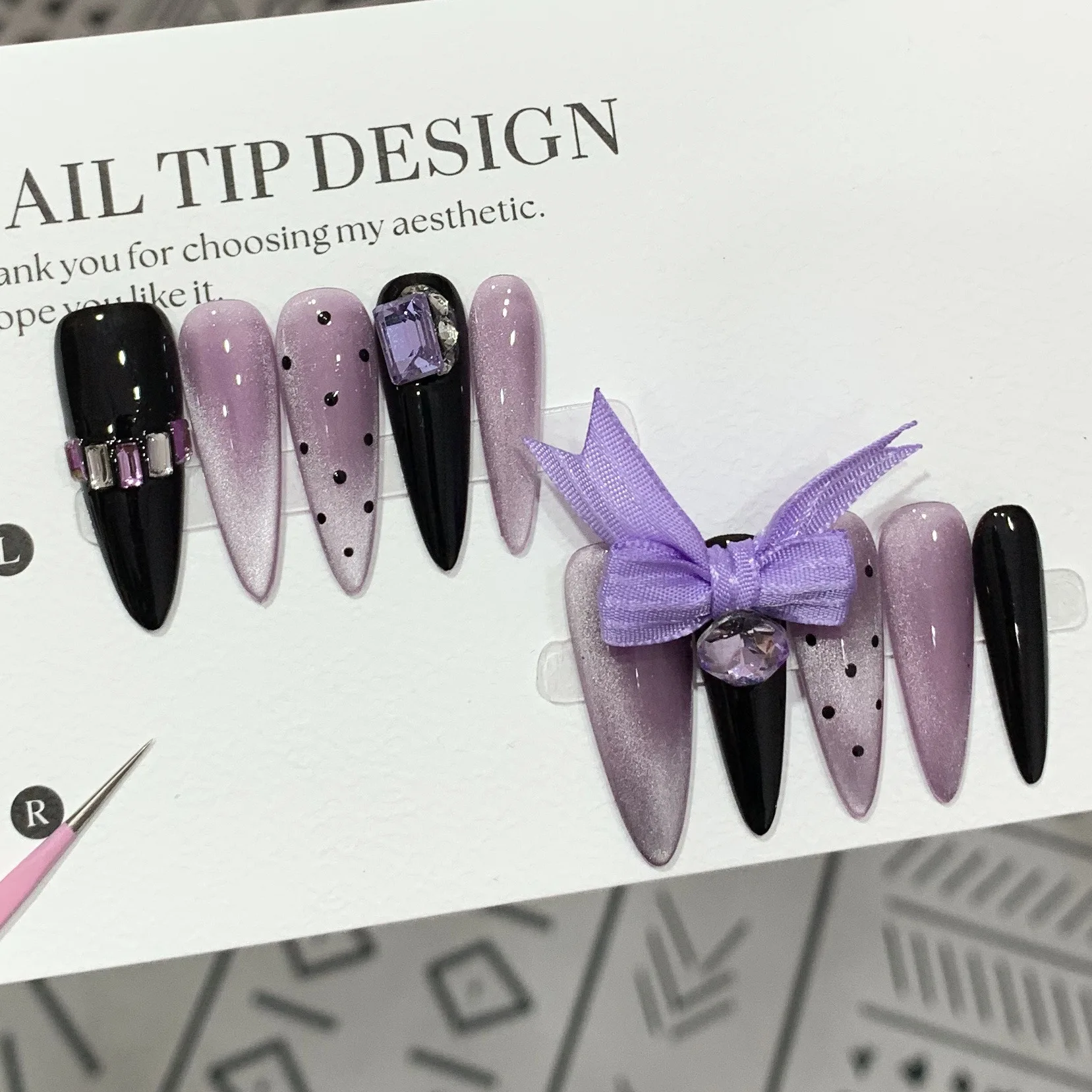 

10Pcs Long Handmade Almond Press on Nails French Tips Black Purple Fake Nails Rhinestone Full Cover Manicuree Wearable Nail Tip