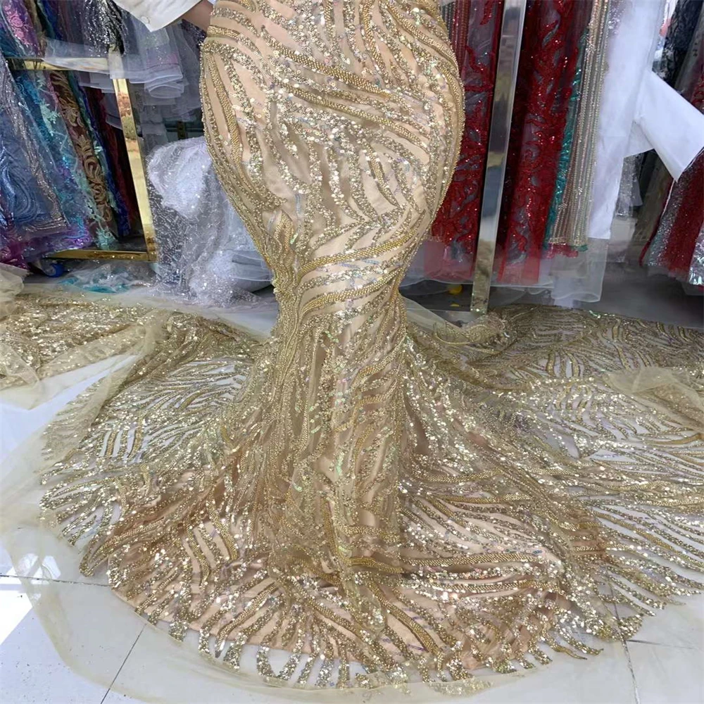 

African Groom Lace Fabric 2023 High Quality Sequins Lace Material Nigerian French Beaded Lace Fabrics For Wedding Party Dress ZX