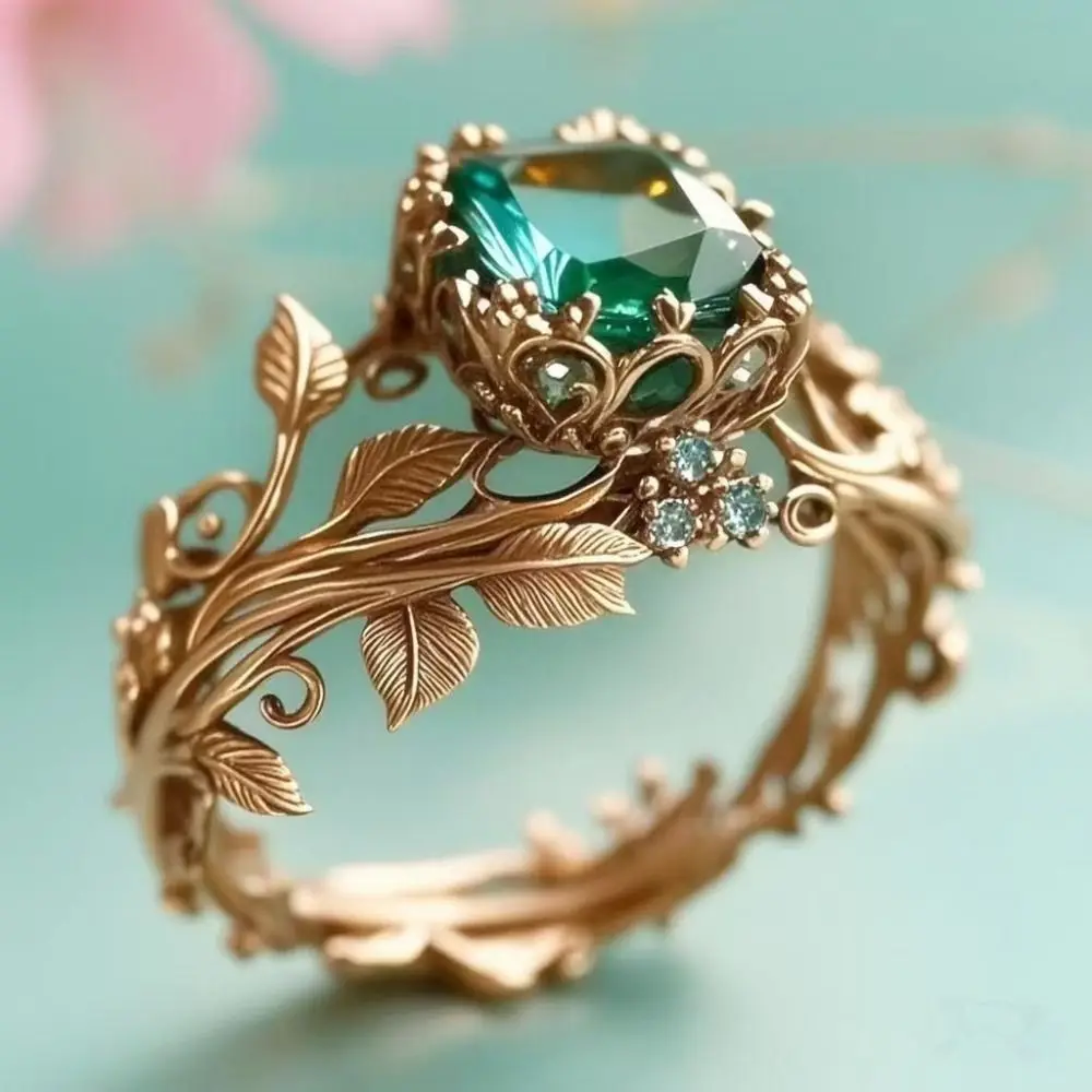 Vintage Gold Color Rings for Women Trendy Inlaid with Green Stone Flower Round Personalized Creativity Party Rings Jewelry