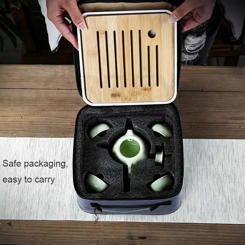BORREY Portable Travel Tea Set Ceramic Teapot Cup With Bamboo Tea Tray Towel Clip Chinese Kung Fu Set Puer Oolong Teapot