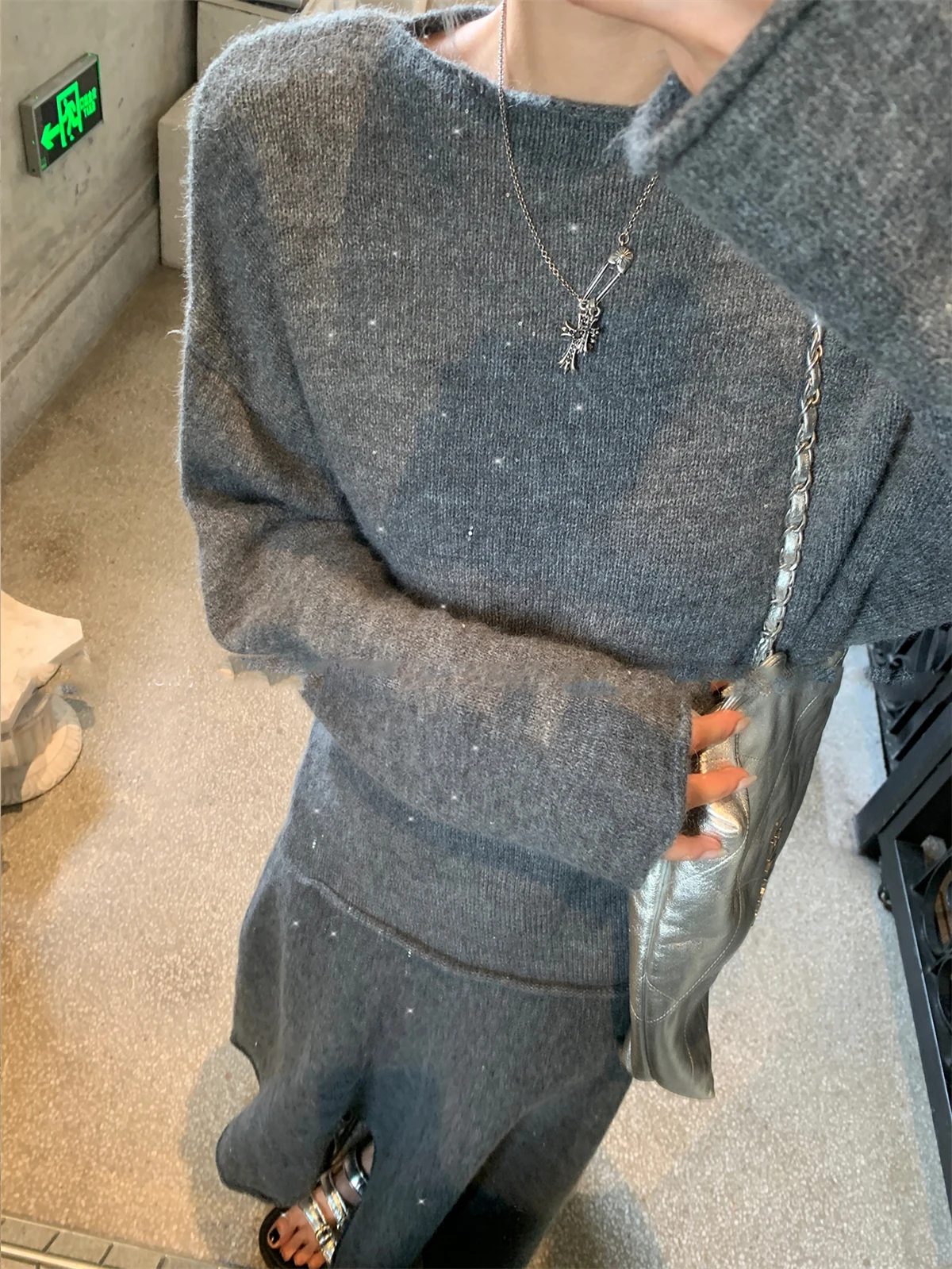 Sexy Soft Elegant Vintage Women Suits 2 Pieces Female Sets Slash Neck Sweater & Midi Dress Bling Knitted TrackSuit