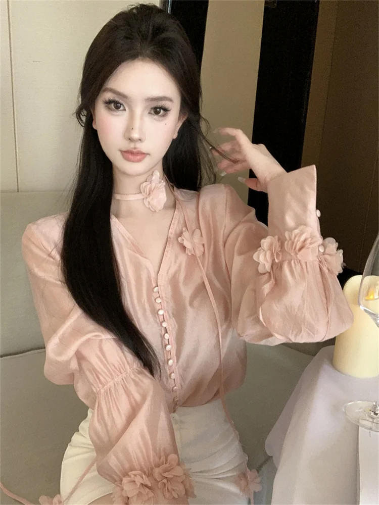 

Блузка женская с V-образным вырезом, модная тонкая рубашка во французском стиле, с 3D цветами, элегантная одежда, лето 2023