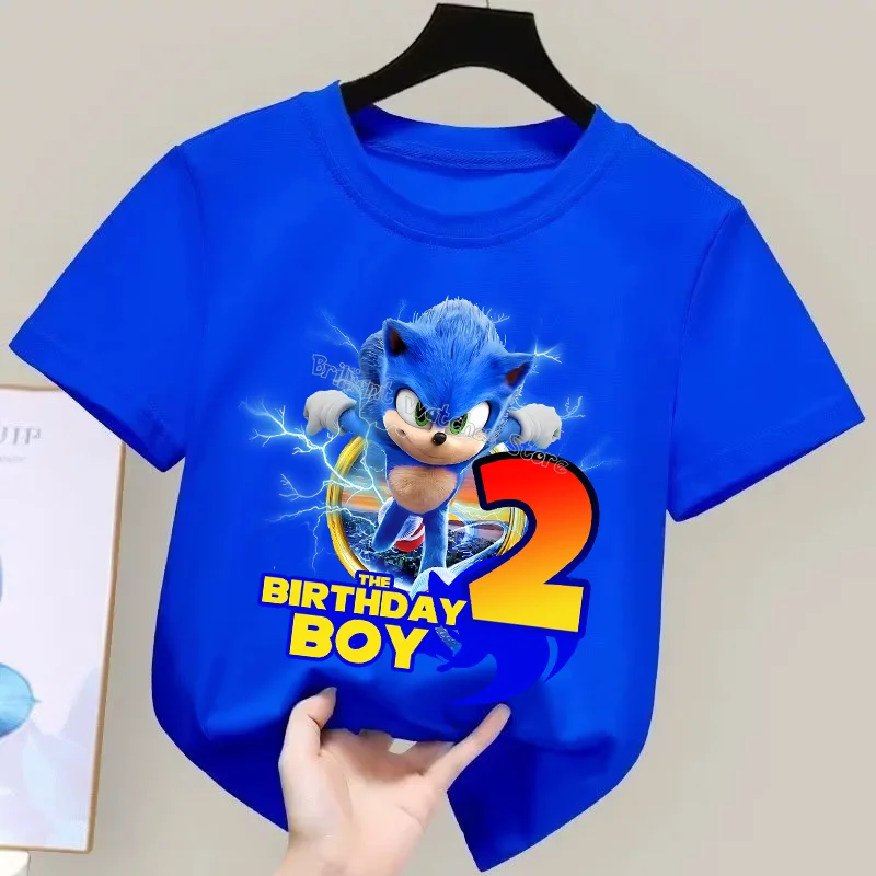 Kids Blue Sonic Birthday Cartoon T-Shirt – Short Sleeve Anime Gift Tee