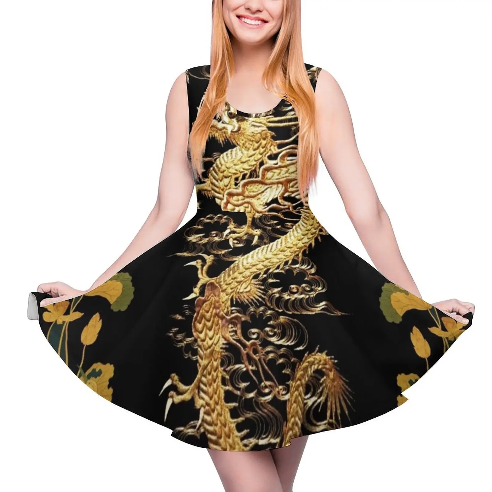 GOLD DRAGON IN BLACK,Egret,Lotus,Green Gold Floral Sleeveless Dress wedding dresses for woman women evening dress