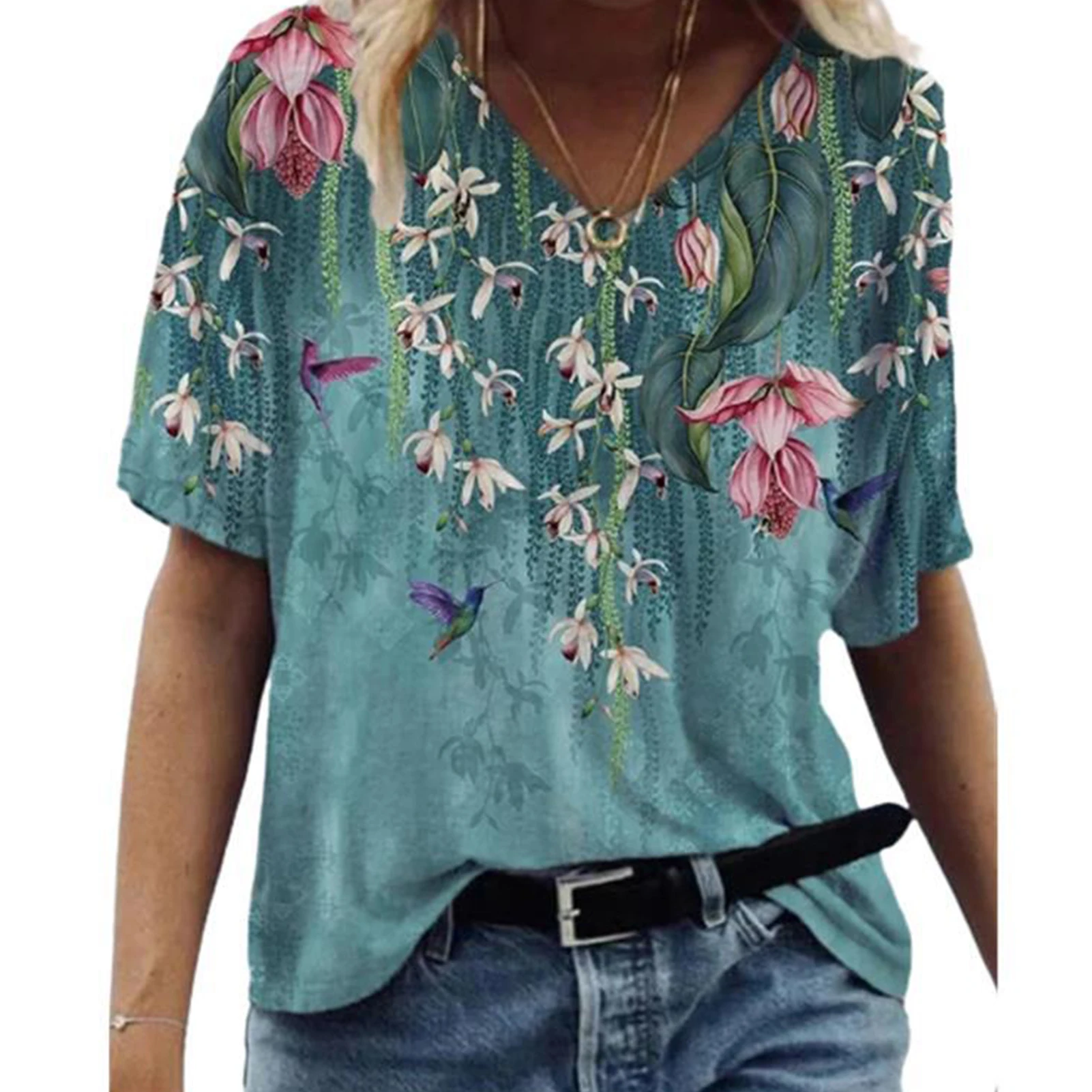 

Футболка женская с цветочным принтом, мягкая дышащая рубашка с V-образным вырезом и графическим принтом, длинный Повседневный пуловер для отпуска, модный топ с коротким рукавом, на лето