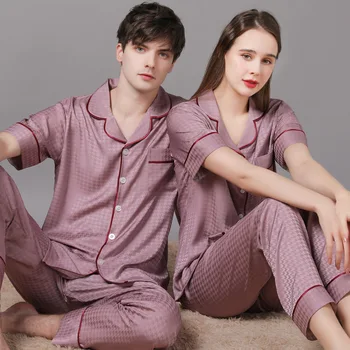 High Quality Couple Pajamas Suit Summer Short Sleeve Long Pant Home Cloth Men Women 1