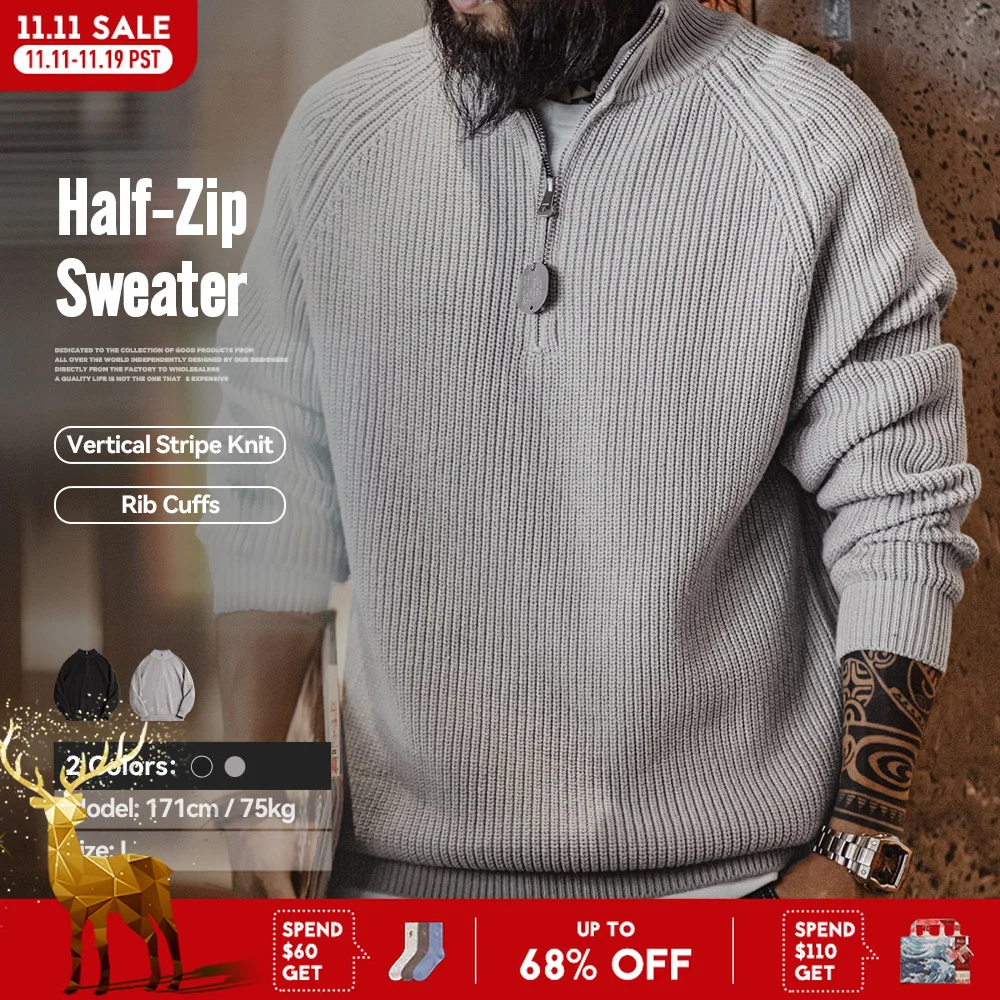 Maden Vintage Half-Zip Stand Collar Knitted Sweater Solid Color Warm Pullover for Men's Autumn and Winter Versatile Knitwear