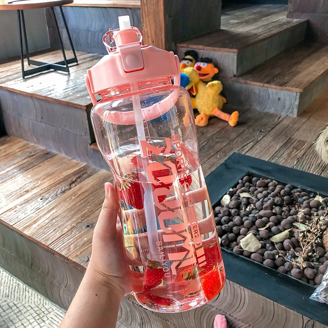 1pc Large Letter Graphic Transparent Water Bottle With Straw, Baby Pink PC  Portable Sports Bottle For Outdoor