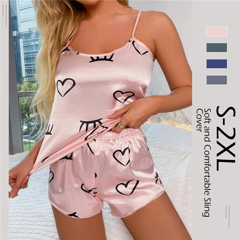 

2023 New Fashion Sexy Floral Pajama Set Women's 2 Pieces Sleepwear Pyjamas Silk Satin Cami Top and Shorts Pajamas for Women Love