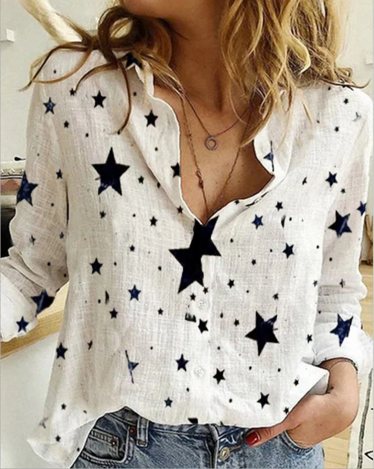 Camisa holgada para mujer, camisa de manga larga con botones y solapa, con  estampado de estrellas, informal, 2022| | - AliExpress