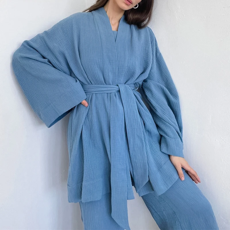 

New 2023 Kimono Style Women's Matching Set 100% Cotton Pajamas Crepe Full Sleeve Tops with Belt+Trousers Sleepwear Home Clothes