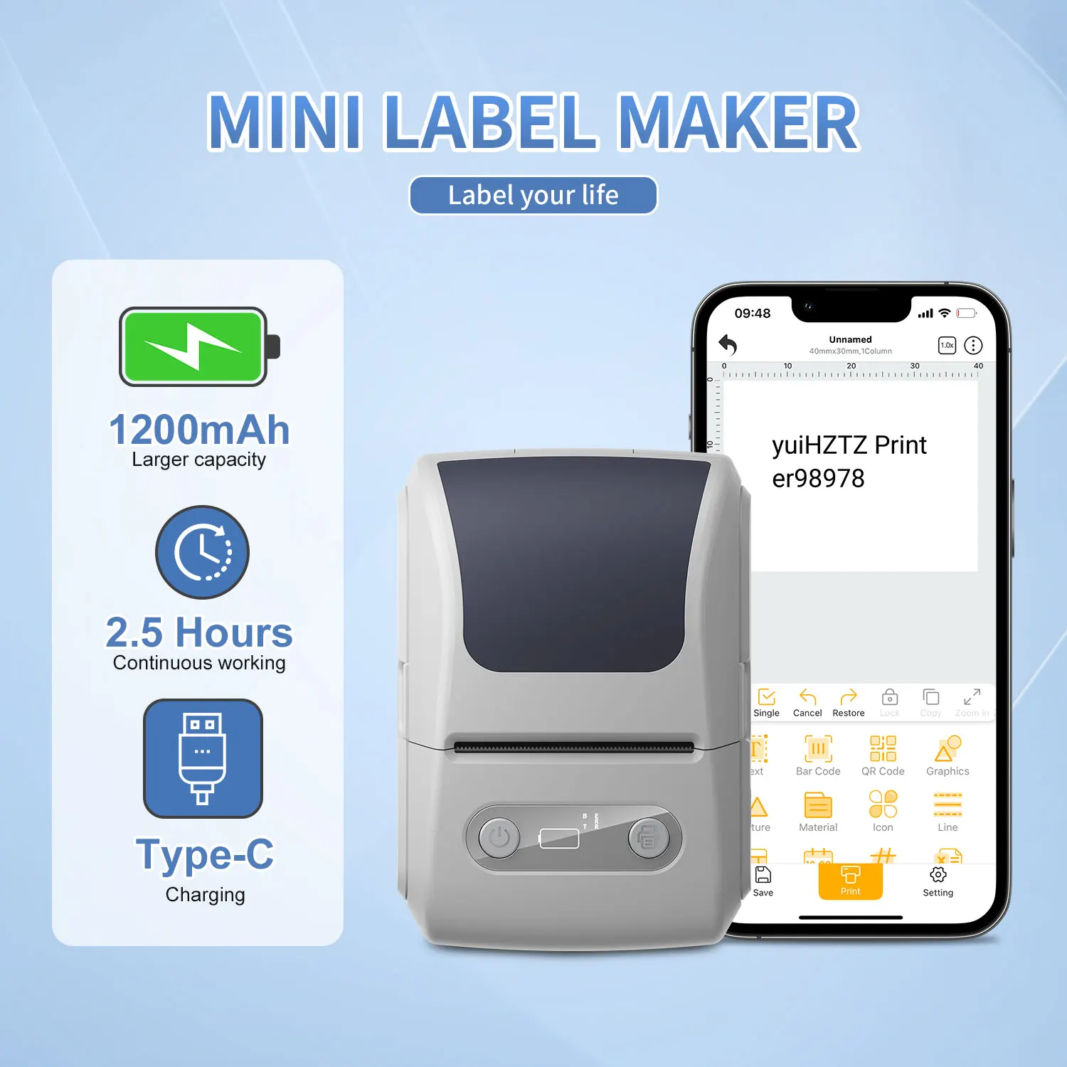 휴대용 열전사 프린터 테이프 포함 2인치 접착 라벨 기계 미니 블루투스 스티커 메이커 방수 라벨 롤