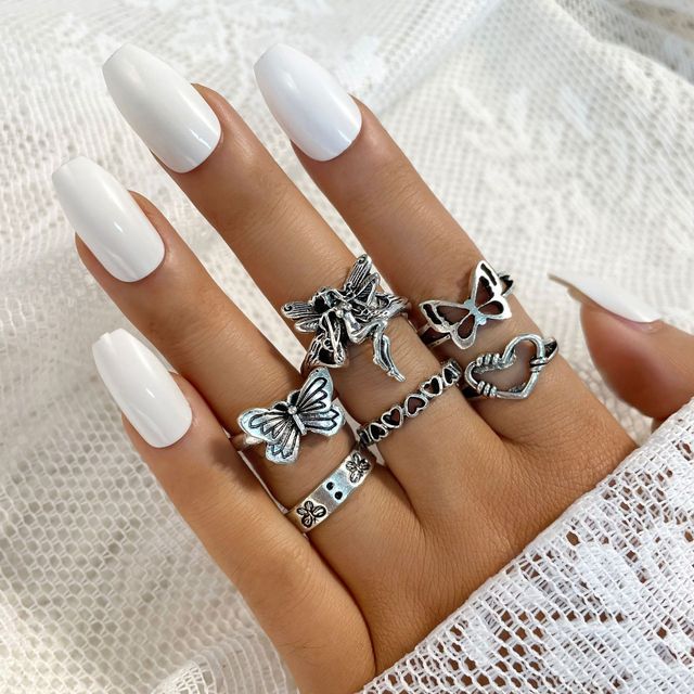 Punk Gothic Butterfly Snake Chain Ring Set for Women Black Dice Vintage Silver Plated Retro Rhinestone Charm Charm Jewelry