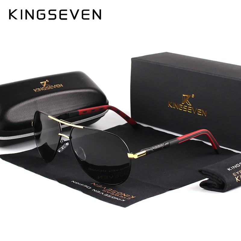 KINGSEVEN Aluminum Polarized Men Sunglasses Gold Frame Brand Design Red Temples
