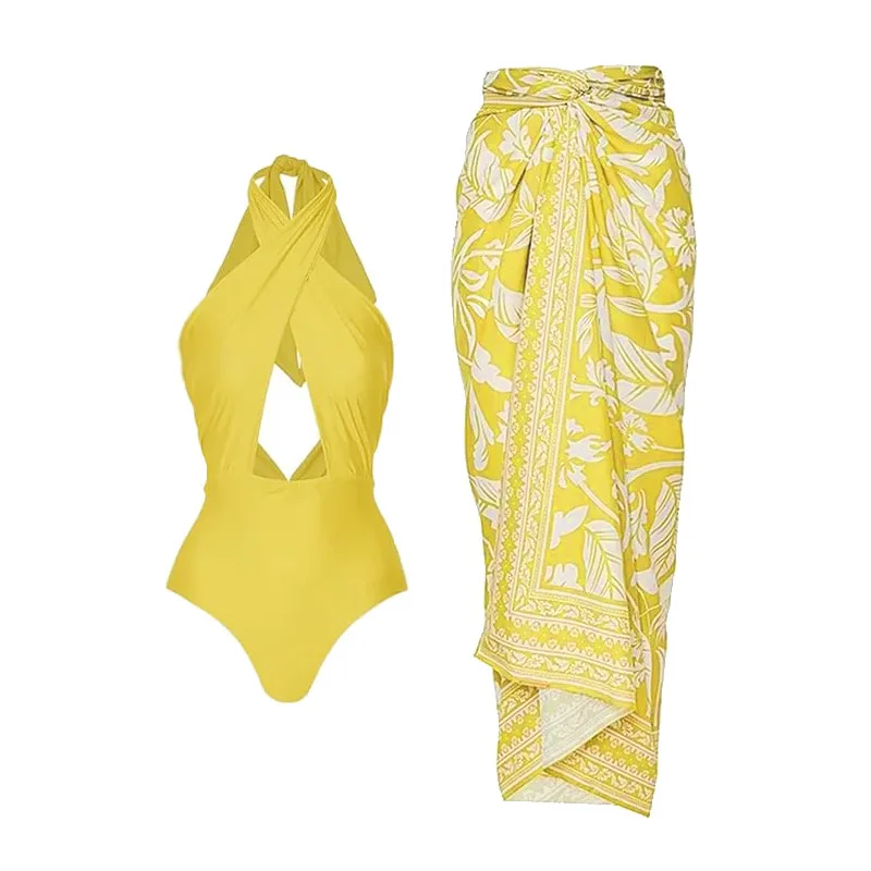 SUNSIREN Sexy Hollow Out Yellow Swimsuit Women Halterneck One-Piece Swimwear Floral Print Cover Ups Push Up Beach Wear Summer