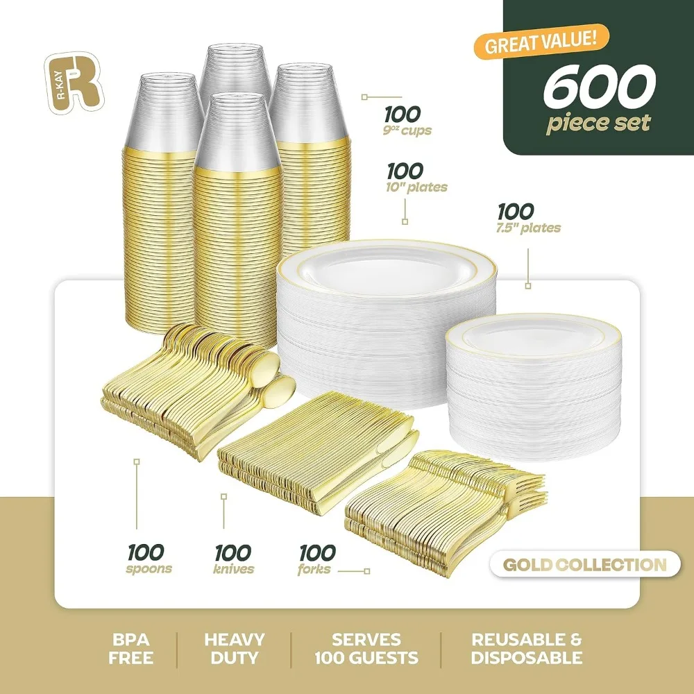 600pcs Plastic Dinnerware Set For 100 Guests Gold Plastic plates for party Premium Wedding