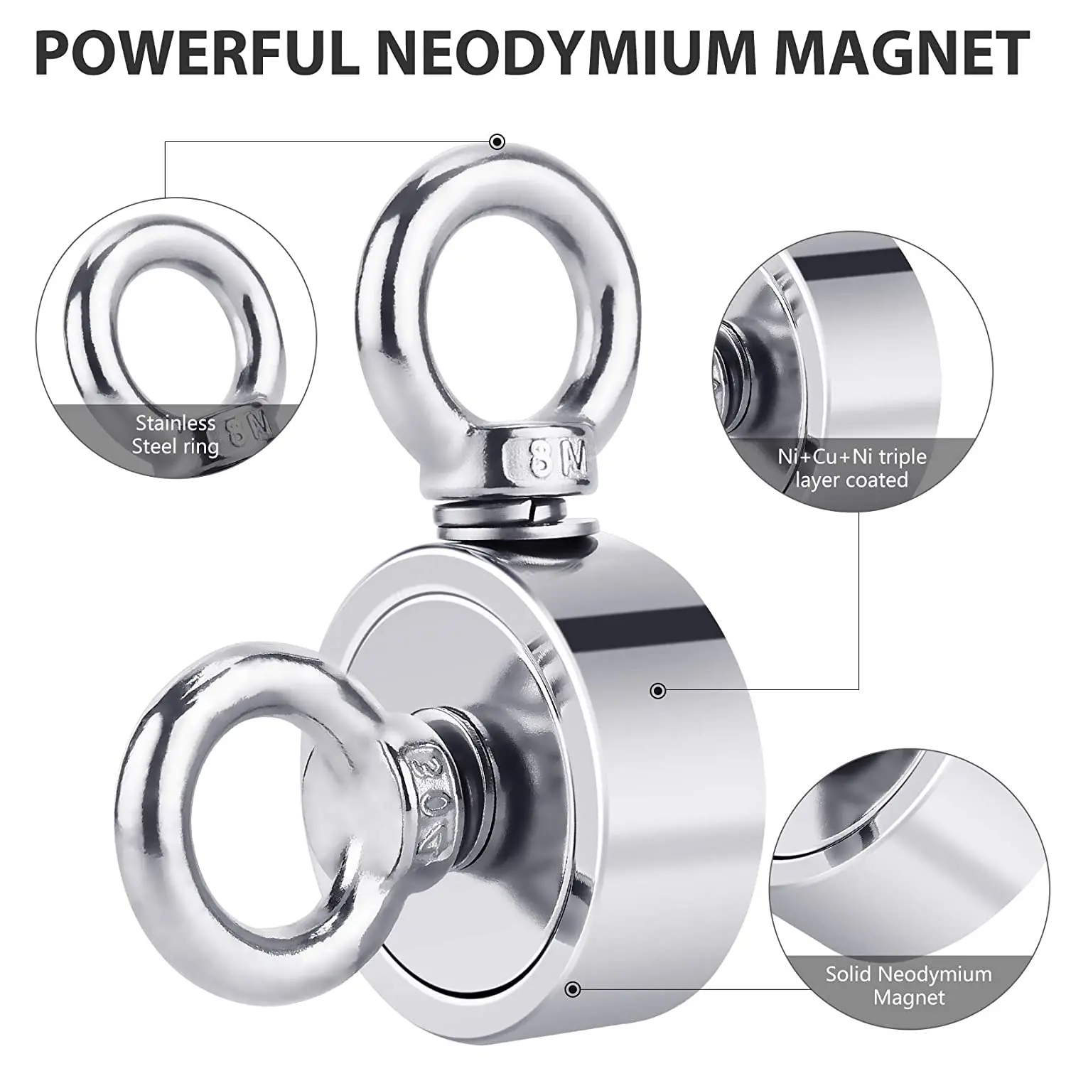 Strong Neodymium Magnet Double Side Search Magnet Hook Super Power Salvage Fishing Magnetic D48 D94MM