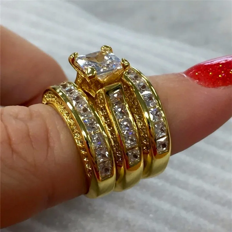 Cute Female Big Zircon Ring Set Crystal Silver Color Yellow Gold Bridal Wedding Jewelry For Women