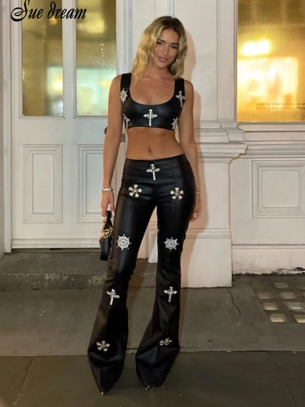 

2023 Women's Beaded Diamond Sleeveless Cropped Top PU Sexy Skinny High Waisted Wide Leg Pants Black Celebrity Party 2 Piece Set