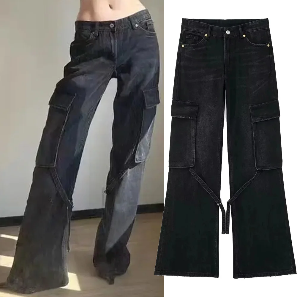 

TRAF Black Cargo Pants Women 2023 Vintage Zip Button Pocket Jeans Elegant Women's Mid Waist Denim Pants Autumn Fashion Trousers