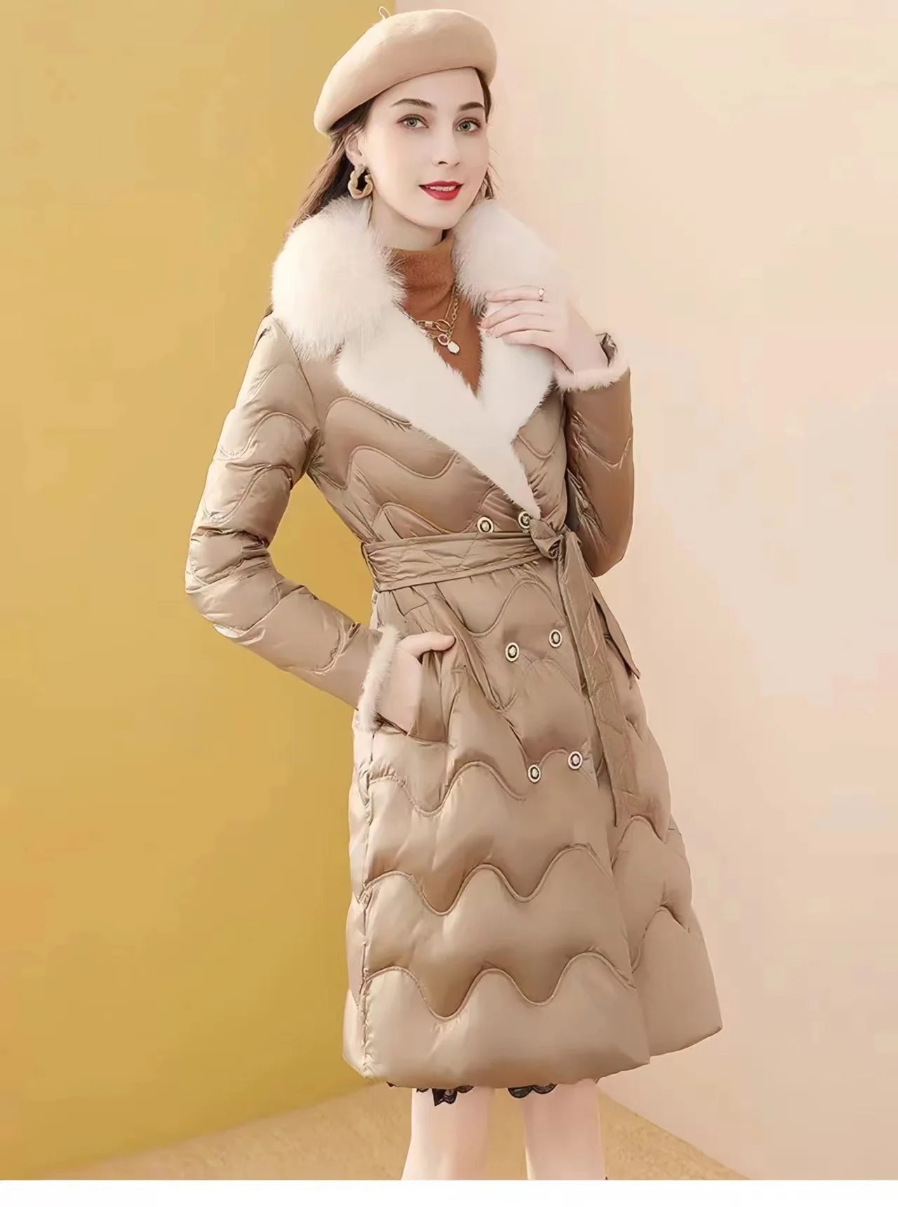 Fox Collar Down Jacket, Slim Waist, Warm and Thick Mid Length, 90 White Duck Down Jacket, Women's Winter New 2024