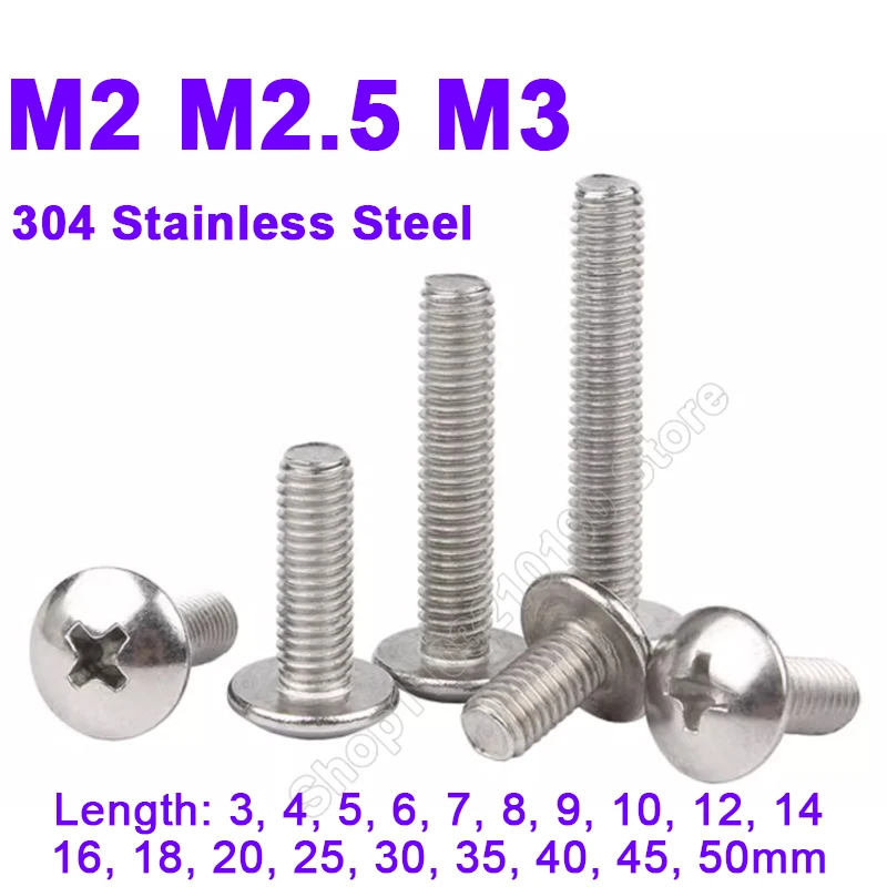 

M2 M2.5 M3 Cross Phillips Truss Head Large Flat Round Cross Screw 304 Stainless Steel Mushroom Head Screws Bolts Length 3-50mm