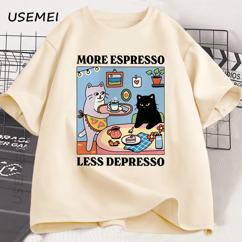 더 많은 에스프레소 덜 Depresso 검은 고양이 티셔츠 남성 여성 재미 있은 커피 고양이 T 셔츠 캐주얼 여름 코튼 반팔 티셔츠 탑스