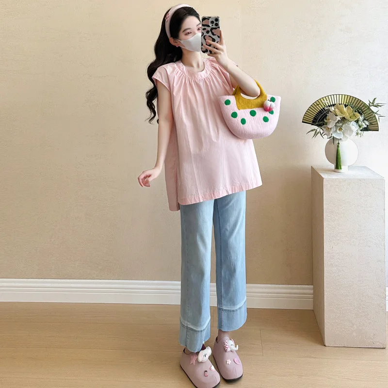 출산 셔츠 여름 민소매 느슨한 편안한 달콤한 귀여운 폴카 도트 라운드 넥 블라우스 임산부를위한 2026