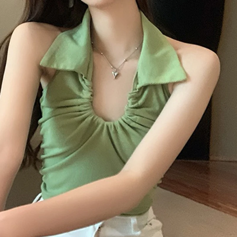 

Spicy Girl Green Neck Camisole Women's Summer Slim Design Top women clothing crop top women Slight Strech