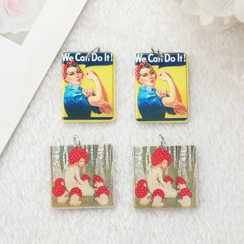 6Pcs Square Advertising Girl We Can Do It Acrilico Epossidica Ciondolo Charms Per Orecchini Fai Da Te Bracciali Collana Gioielli