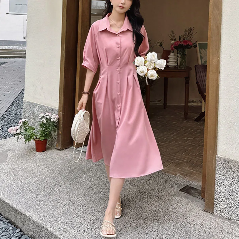Sandro Rivers Pink Polo Neck Dress for Spring, Slim-Looking, Classy Waist-Skimming Shirt Skirt, Monochrome Cardigan, A-line Gown