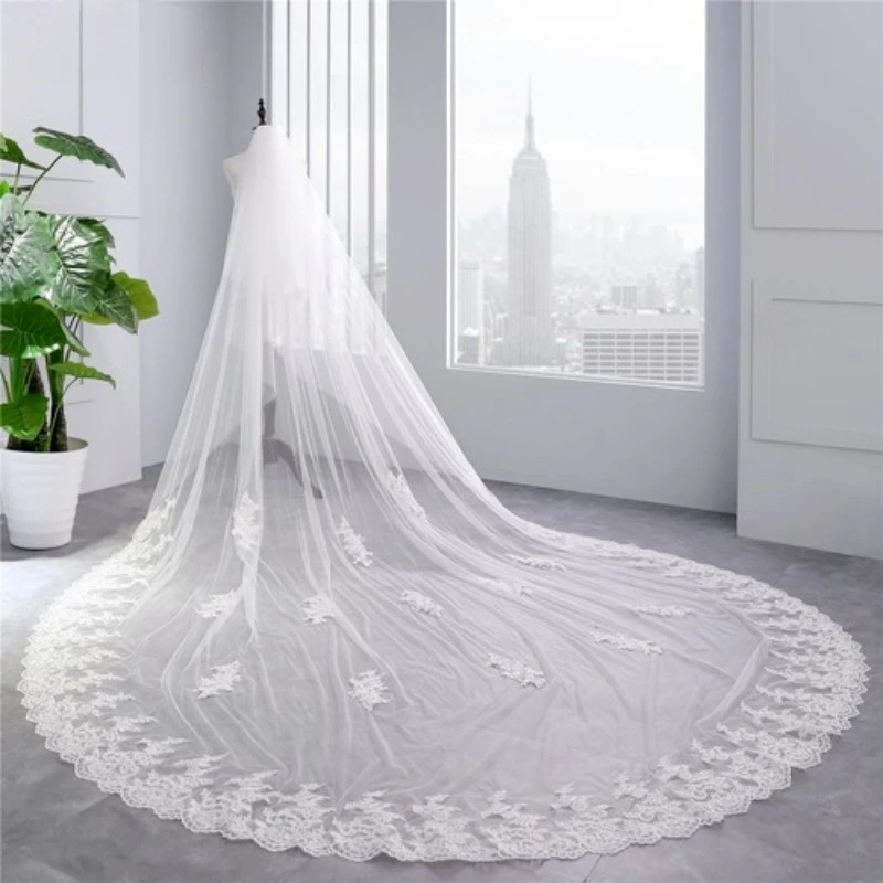 

350*300cm Lace Long Tulle Wedding Veils Two Layer With Comb White Bridal Veil