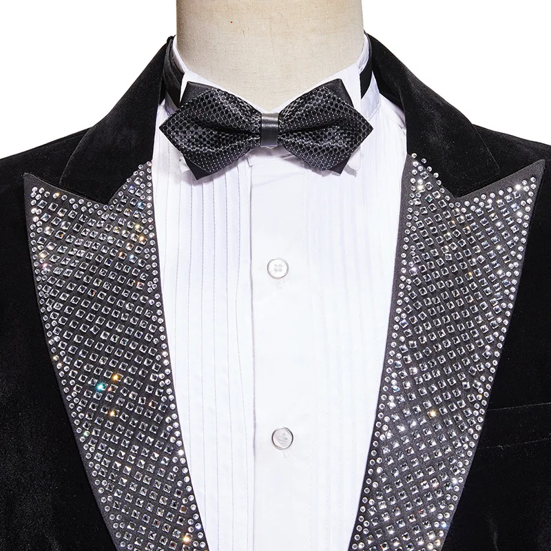 Men's Black Velvet Suit Wedding Banquet Evening Party Host Tuxedo Suits Rhinestones Lapel Collar Blazer Pants 2 Piece Set