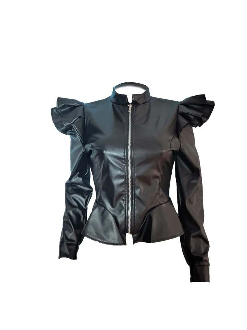 Womens Shoulder Ruffled Black Leather Bomber Jacket