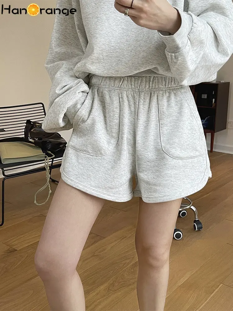 

HanOrange 2023 Spring Ins Blogger Fashion A-line Leisure Sports Shorts Women Elastic High Waist Shorts Black/Light Gray