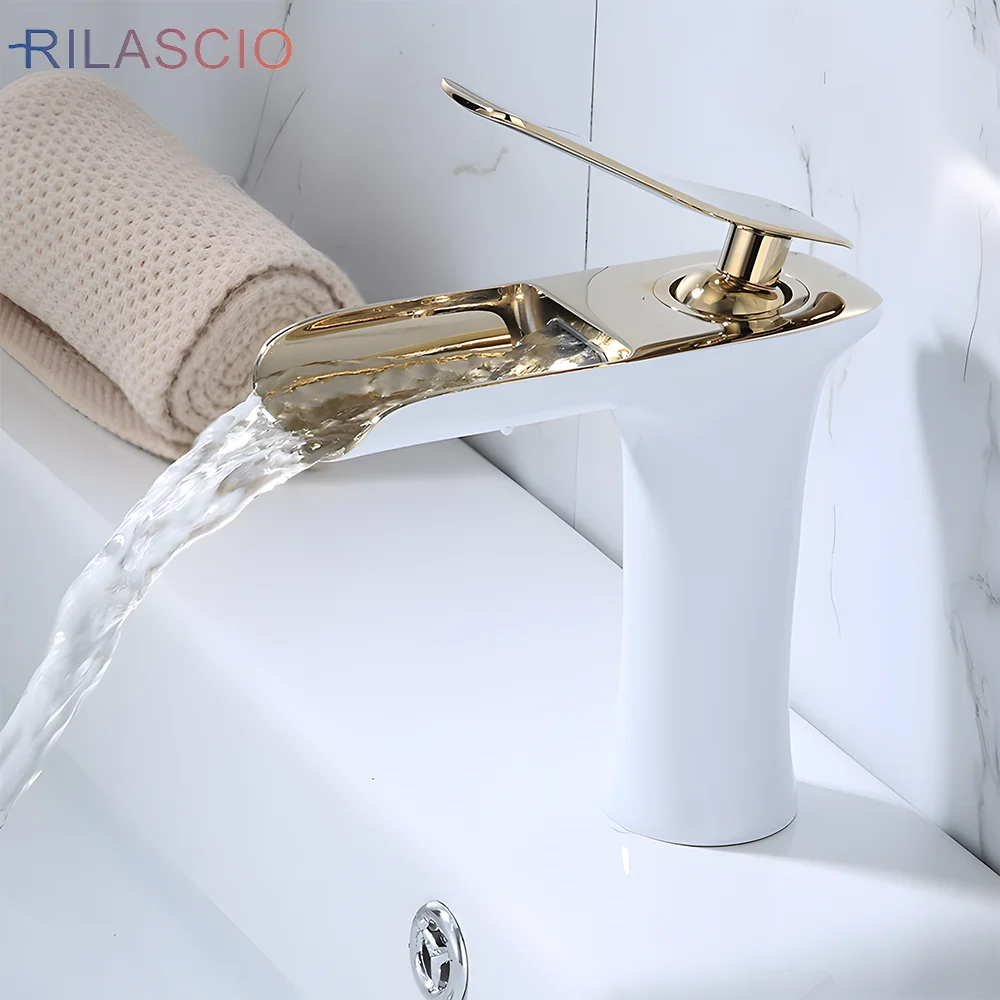 

New Bathroom sink faucet White Wash basin faucet Deck Mounted Waterfall Bathroom Sink Mixer Tap Single Handle Hot Cold Water Tap