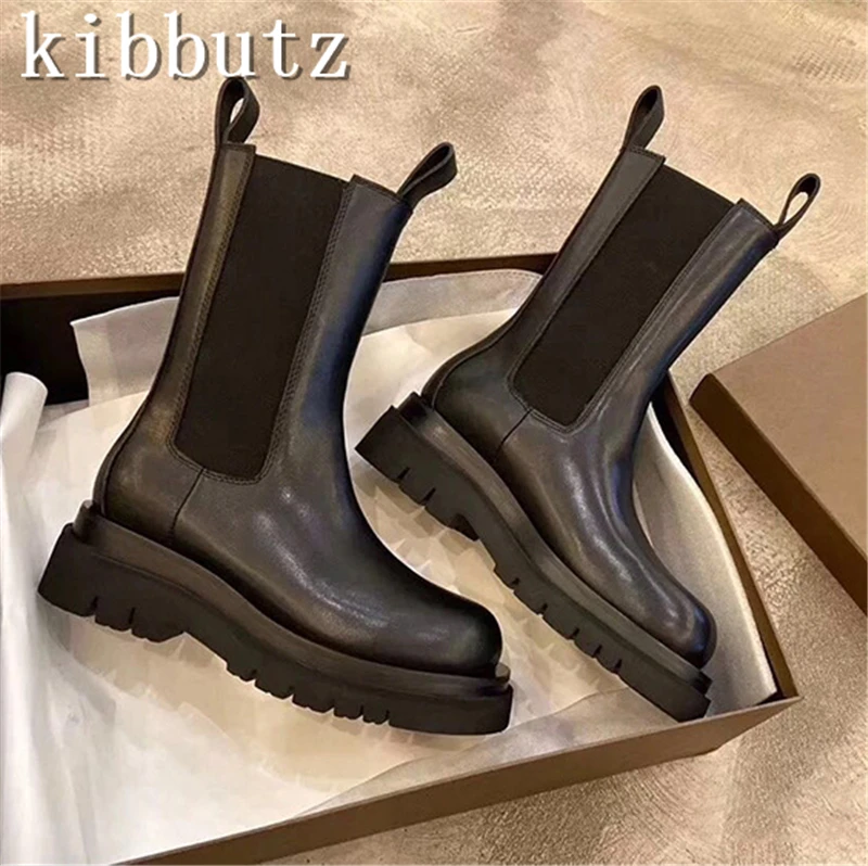 New Fashion Black Mid-Calf Chelsea Boots Women Round Toe Waterproof Platform Thick Sole Slip On Casual Short Elastic Boots