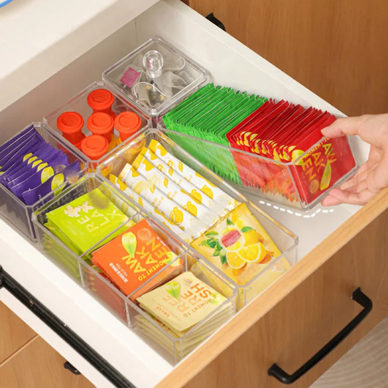 3 Cells Acrylic Storage Divider Box Tea Bag Storage Box Drawer Coffee Capsule Sorting Visible Acrylic Sealed Tank tea tin box
