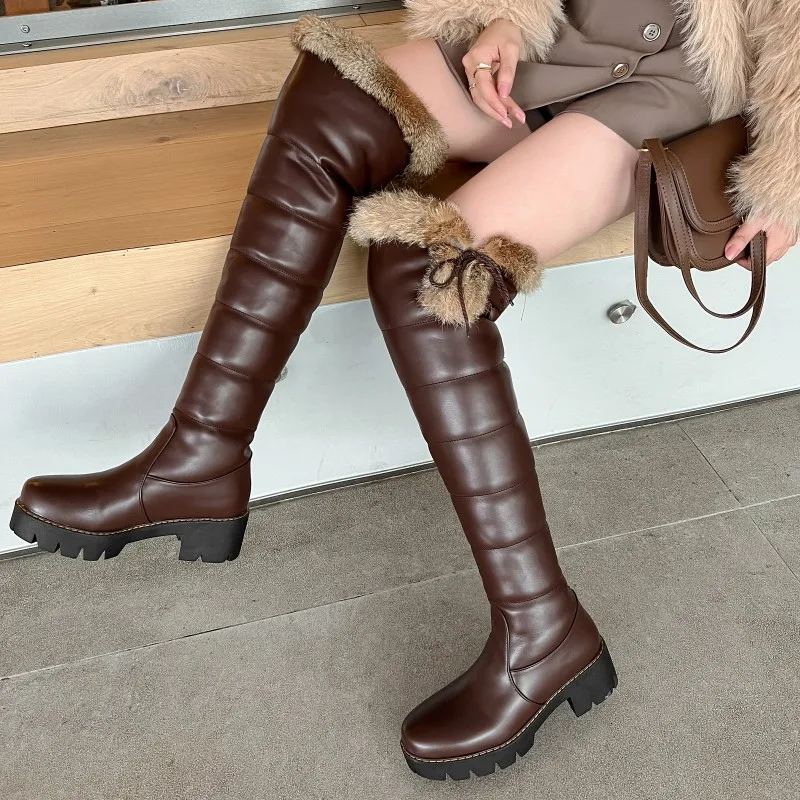 Winter Boots Fur Lined Thigh High Boots Brown Shoes Winter Snow
