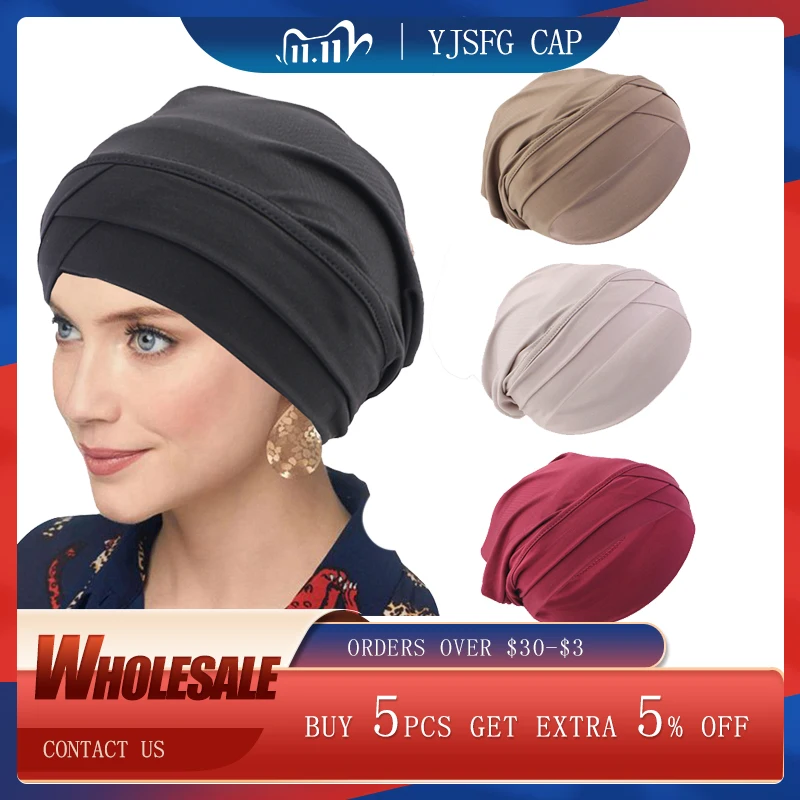 

New Forehead Cross Turban Cap Headscarf Base Hat Double Cross Solid Color Inner Hijabs Chemo Hat Women Stretch Baotou Caps