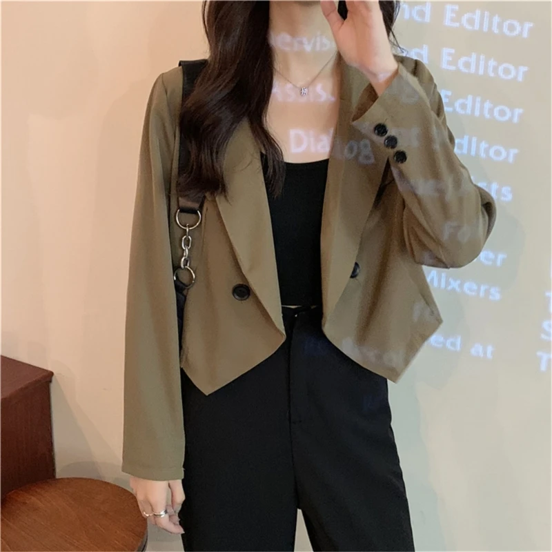 

Korean Solid Color Long Sleeve Suit Women Office Ladies Cropped Jacket