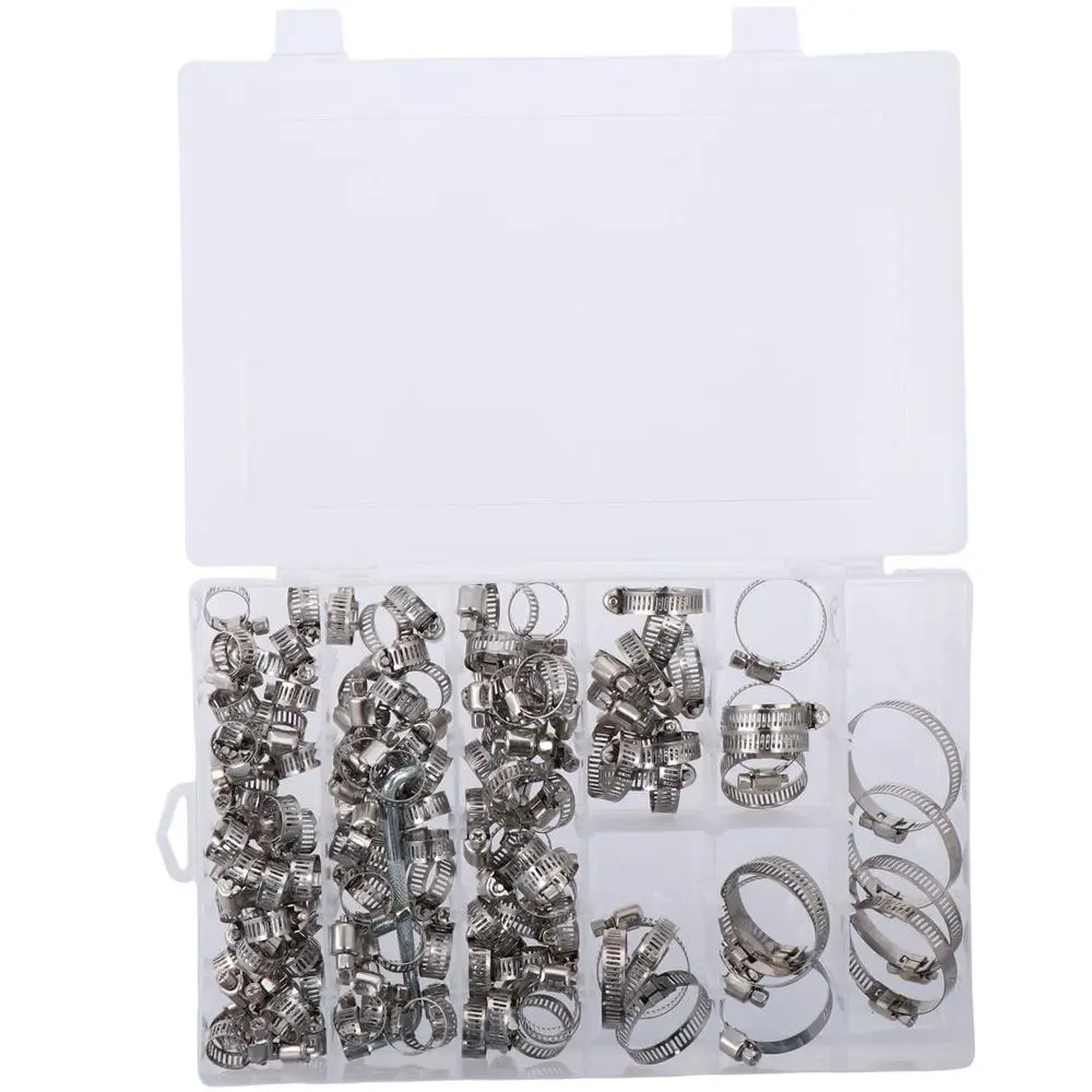

129PCS Silvery Hose Clamp Adjustable Round Worm Gear Clamps 8-51mm Stainless Steel Hose Clamps Assortment with wrench