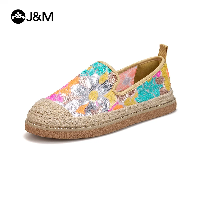 

J&M Women Fisherman Shoes Luxury Spring Summer Flower Breathable Loafers Rubber Slip-on Lady Girl Casual Shoes Sequins Sneakers