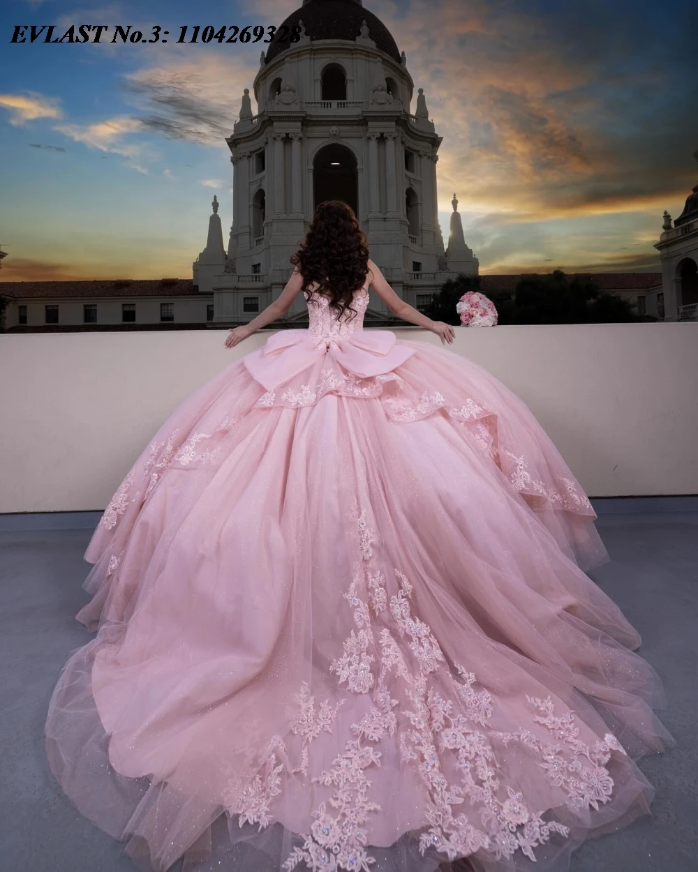 EVLAST Sparkly Pink Quinceanera Ball Gown Lace Applique Beading Bow Tiered Sweet 16 Dress E3Q188