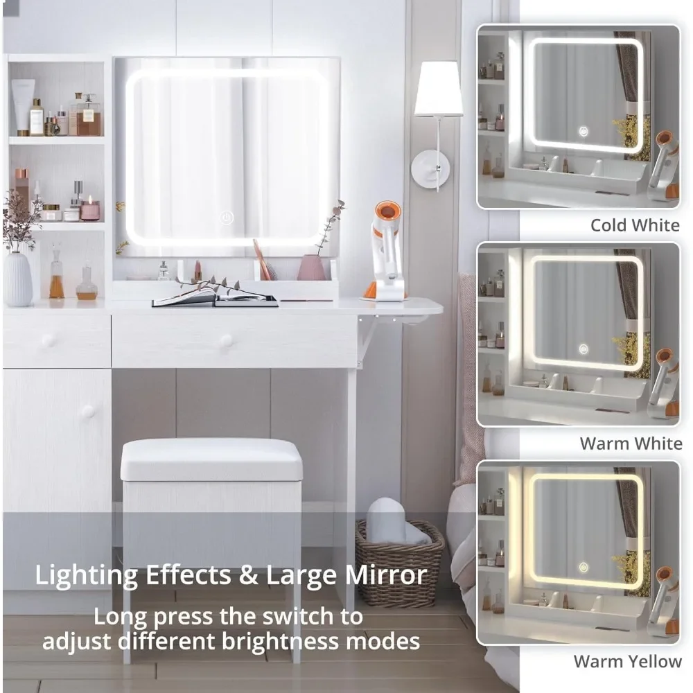 NEW-Vanity Desk with LED Lighted Mirror & Power Outlet, Makeup Table with Drawers & Cabinet,Storage Stool,Dressing Table for Bed