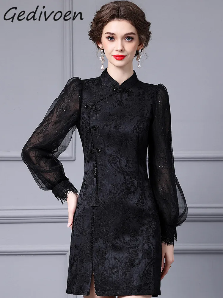

Осеннее модное Дизайнерское черное винтажное кружевное платье Gedivoen, женское облегающее мини-платье с рукавами-фонариками, пуговицами, бисером, высокой талией и разрезом