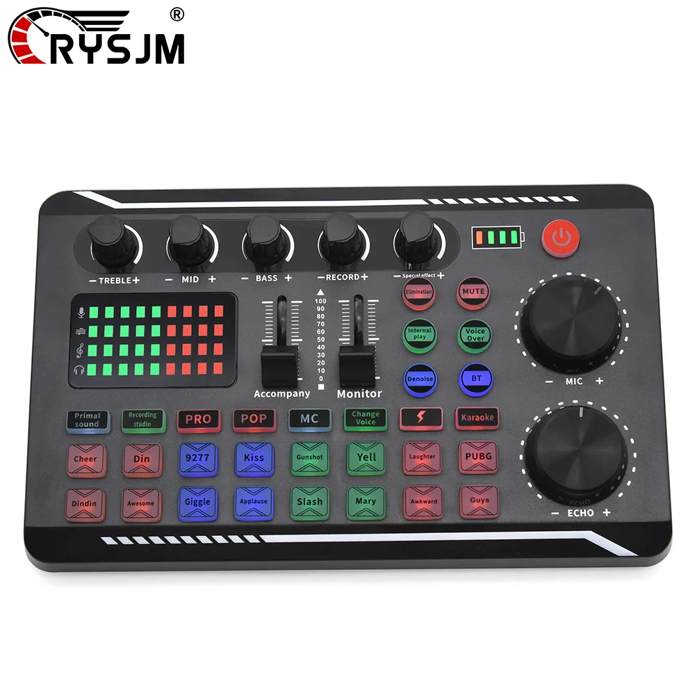 F998 라이브 스트리밍 사운드 카드 DJ 믹서 효과 음성 변조 오디오 믹서 녹음 및 노래 녹음용 라이브 스트리밍 분위기 향상